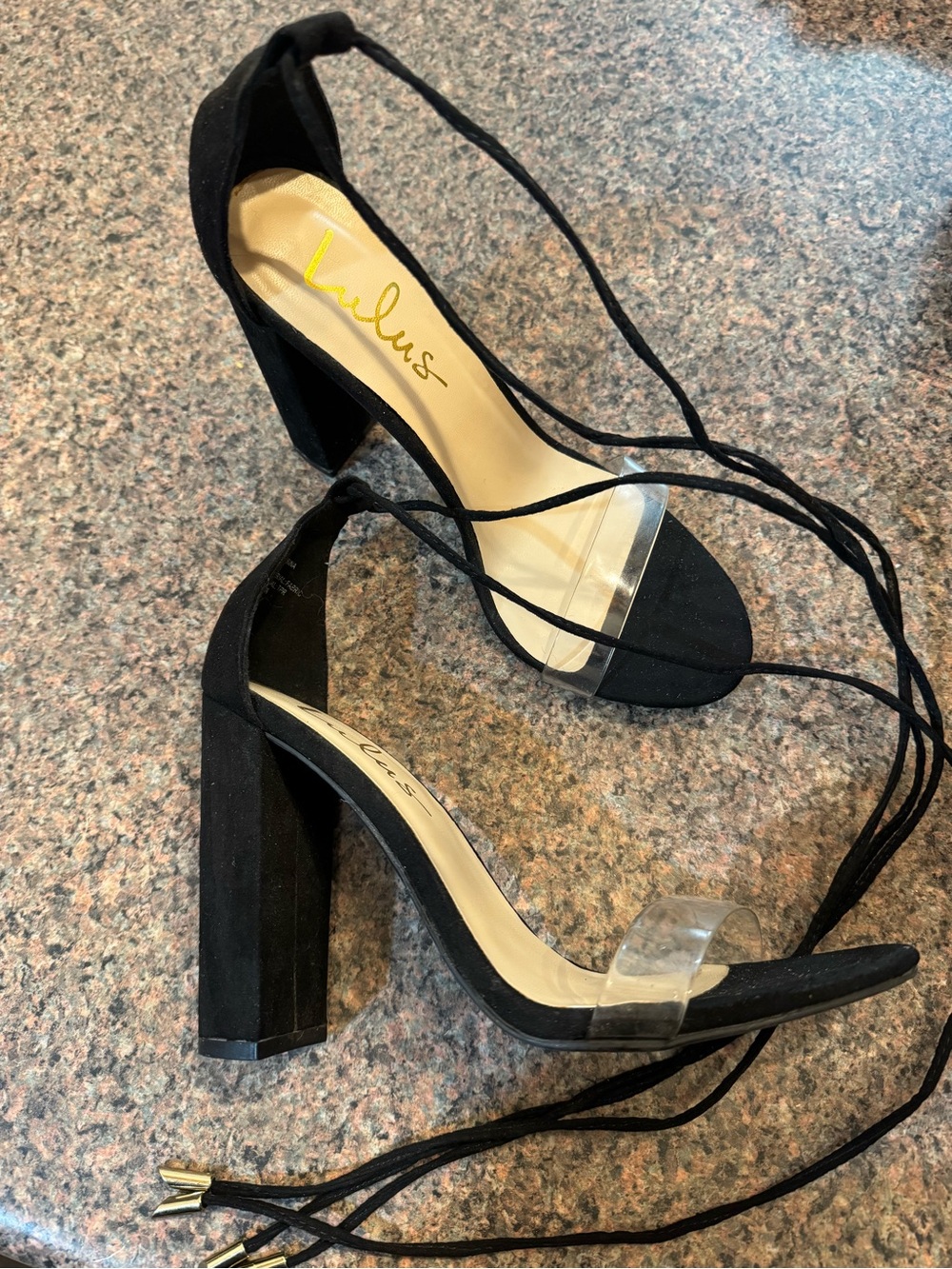 Lulu's Black Lace-Up Clear Strap Block Heel Sandals